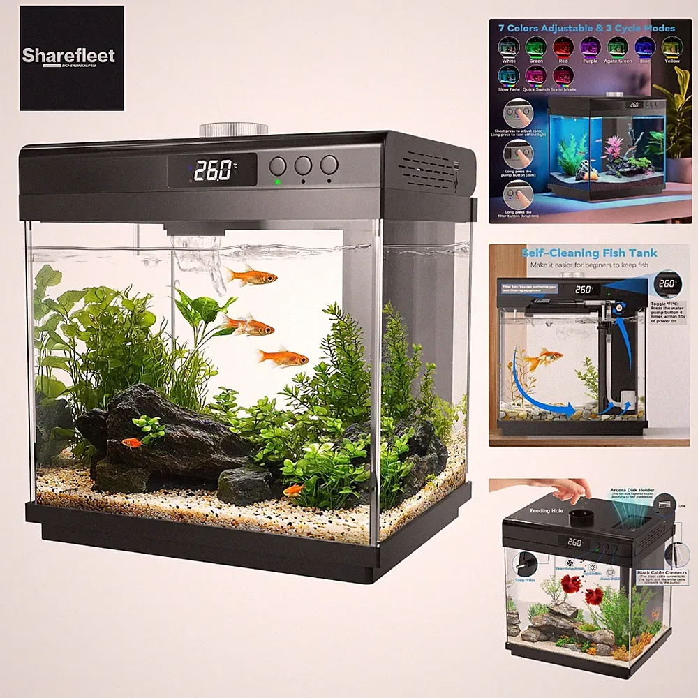 Aquarium-Starter-Set, 14 l, aus Glas, mit Filter und LED-Licht, 10 Farben, ve...